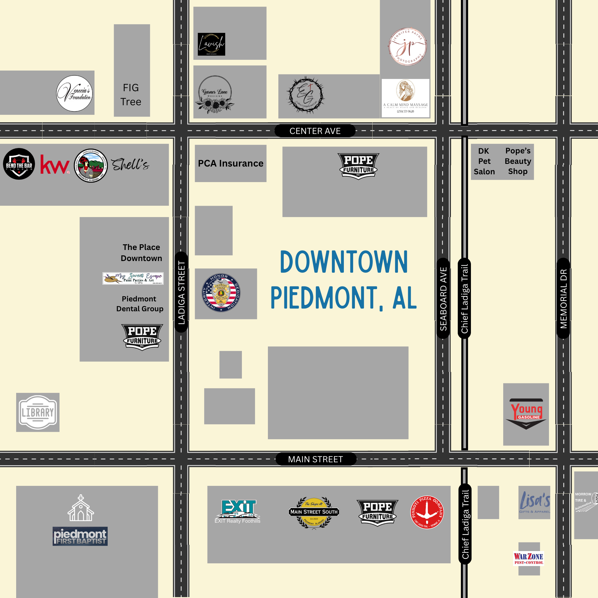Map of Downtown Piedmont with Chief Ladiga Trail and key streets